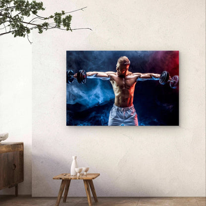Athlete Lifting Dumbbells with Smoke 5mm Plastic Poster Ready to Hang 90x60cm