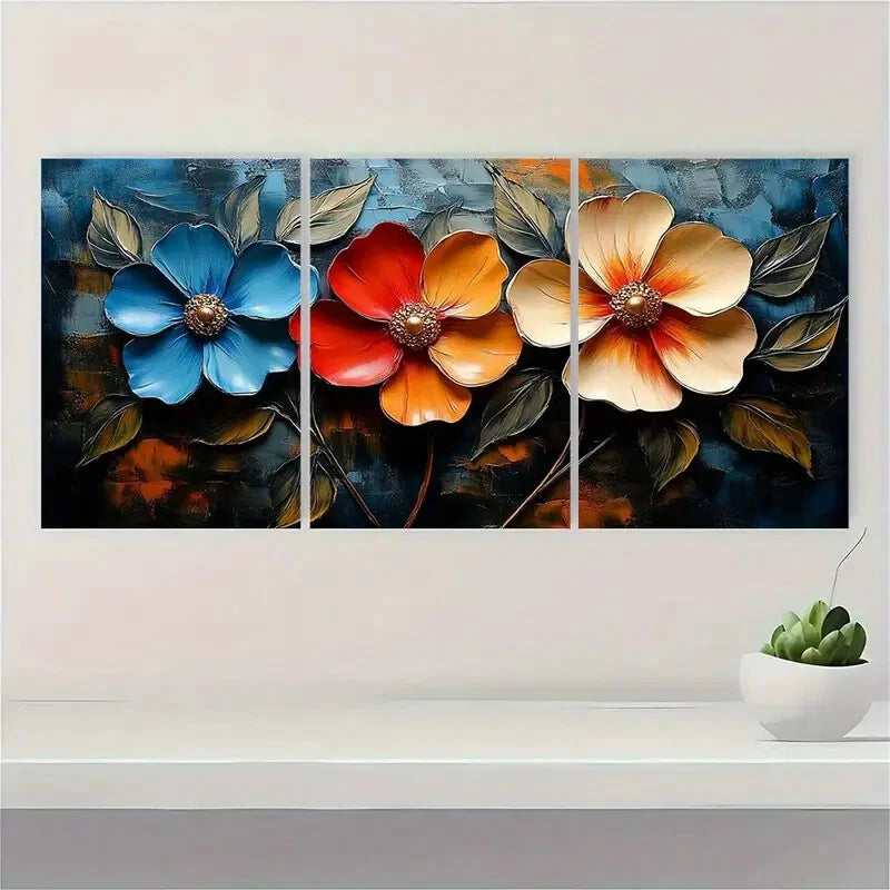 3pcs Flower Ensemble Modern Abstract Painting Metal Print Ready to Hang Art