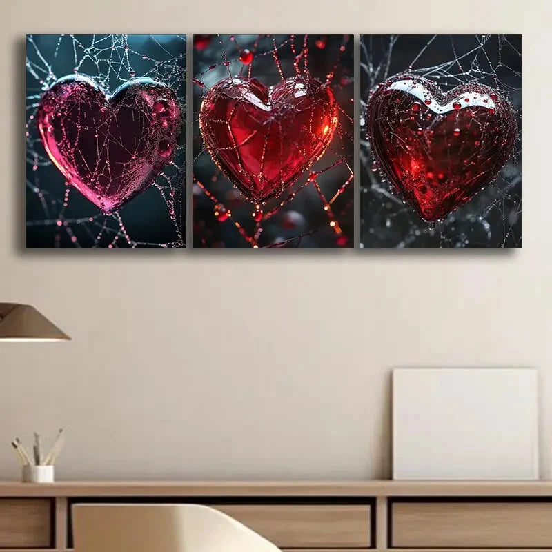 3pcs Glass Heart Stunning Red Metal Print Ready to Hang Art