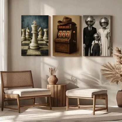 3pcs Chess King Piece Disco Head Family Metal Print Ready to Hang Art