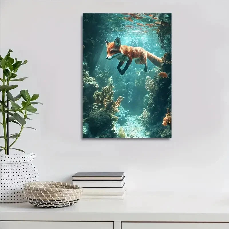 Fox Swimming Under Coral Reef Scene Painting 40x60cm Metal Print Ready to Hang