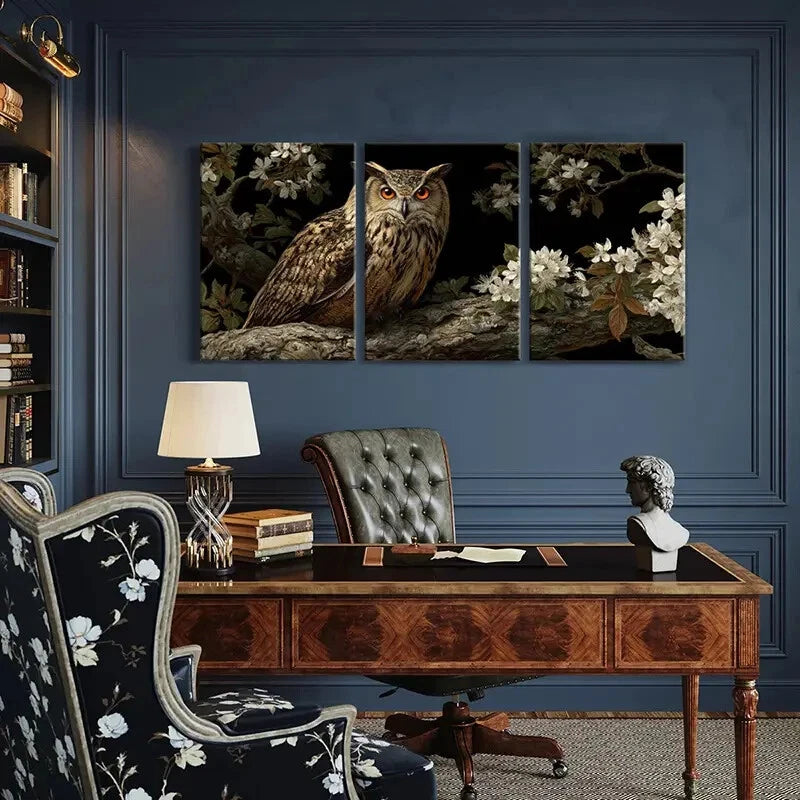 3pcs Owl Artwork Floral Design Night Scene Metal Print Ready to Hang Art