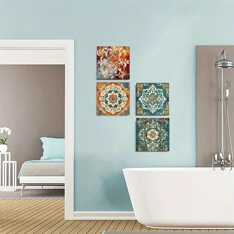 4pcs Vintage Flowers Pattern  Wall Art Canvas Framed