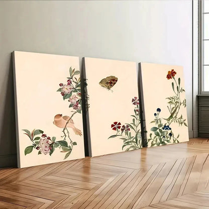 3pcs Vintage Flowers Birds Florals Green Leaves Wall Art Set Canvas Framed 50x70cm - High Quality Print 100% Australian Made Wall Canvas Ready to Hang