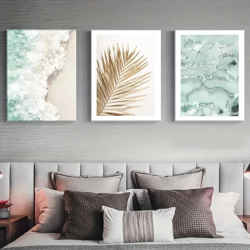 3pcs Golden Palm, Abstract Green Marble & Sand Metal Print Ready to Hang Art