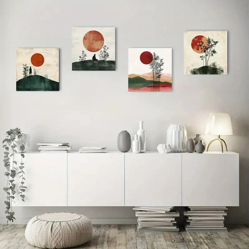 4pcs Bamboo full moon Vintage Wall Art Canvas Framed
