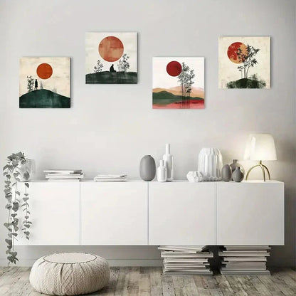 4pcs Bamboo full moon Vintage Wall Art Canvas Framed