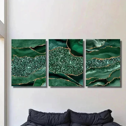3pcs Green Agate Golden Glitter Texture Wall Art Canvas Unframed - High Quality Print 100% Australian Made Wall Canvas