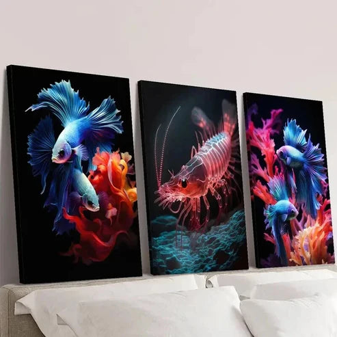3pcs Colorful Red Shrimp and Betta Fish Wall Art Canvas Unframed – High Quality Print 100% Australian Made Wall Canvas