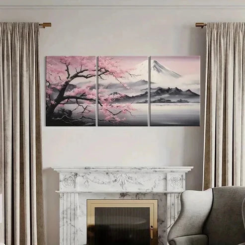 3pcs Sakura Blossoms & Snow Capped Mountain Wall Art Canvas Unframed - High Quality Print 100% Australian Made Wall Canvas