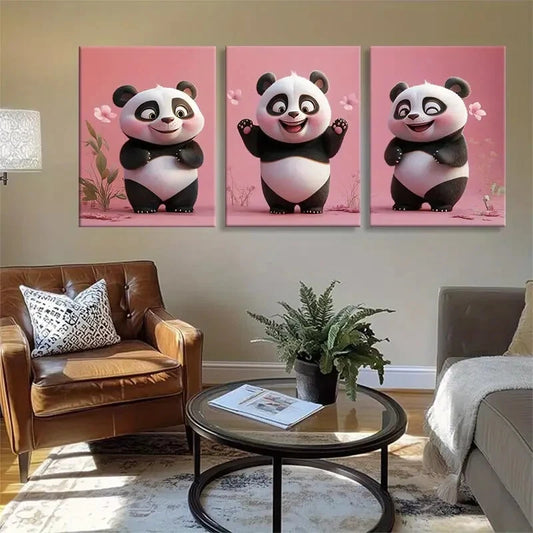 3pcs Pink Background Playful Panda Perfect Wall Art Set Canvas Framed 40x60cm - High Quality Print 100% Australian Made Wall Canvas Ready to Hang