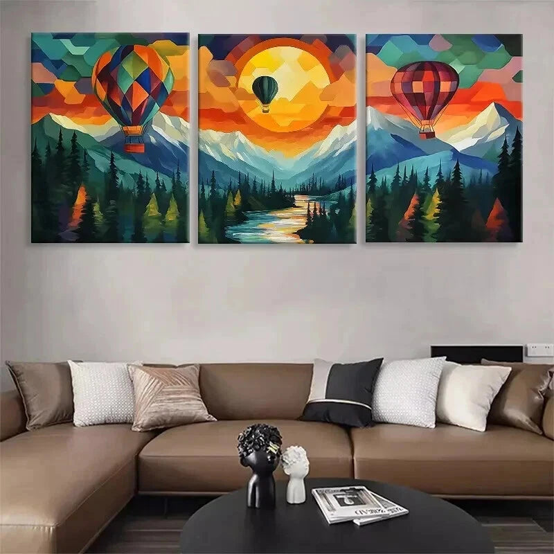 3pcs Hot Air Balloon Sunset Landscape Perfect Wall Art Set Canvas Framed 40x60cm - High Quality Print 100% Australian Made Wall Canvas Ready to Hang