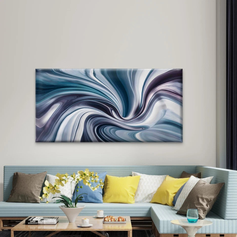 Blue White Abstract With Waves Wall Art Canvas Office Home Room Framed 120x60cm