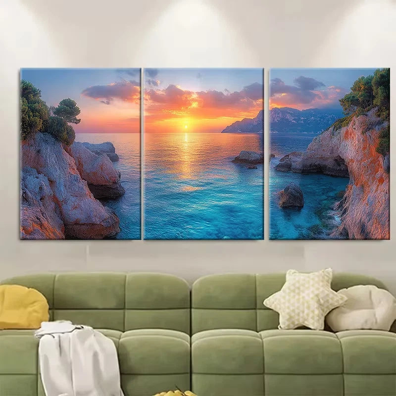 3pcs Spring Sunrise Over Milazzo Cape Wall Art Set Canvas Framed 40x60cm - High Quality Print 100% Australian Made Wall Canvas Ready to Hang