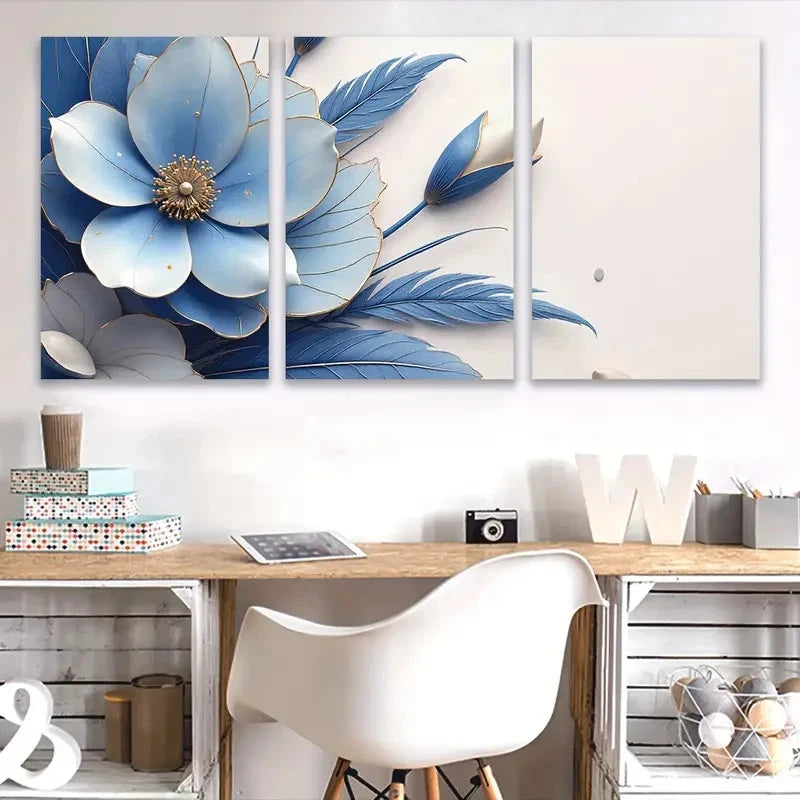 3pcs Blue Abstract Flowers Painting Wall Art Set Canvas Framed 40x60cm - High Quality Print 100% Australian Made Wall Canvas Ready to Hang
