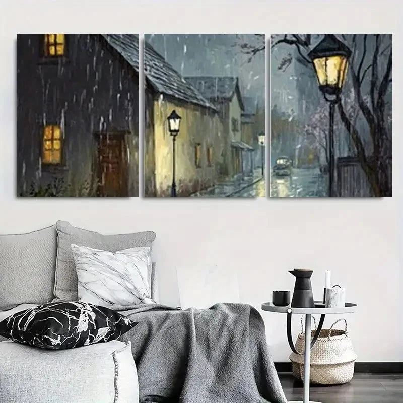 3pcs Cozy Rainy Night Village Street Wall Art Set Canvas Framed 60x90cm - High Quality Print 100% Australian Made Wall Canvas Ready to Hang