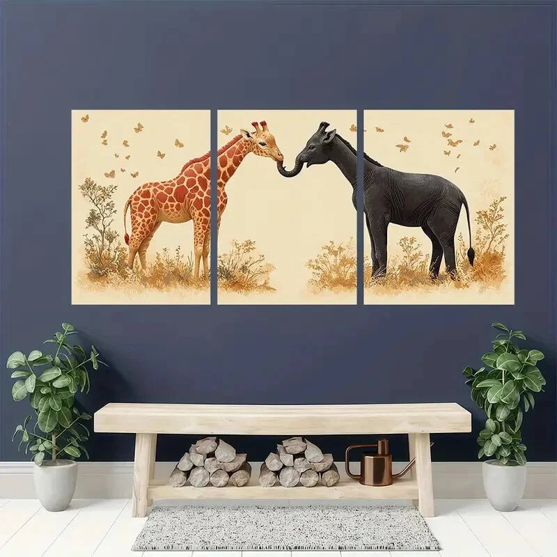 3pcs Adorable Elephant and Giraffe Vintage Metal Print Ready to Hang Art