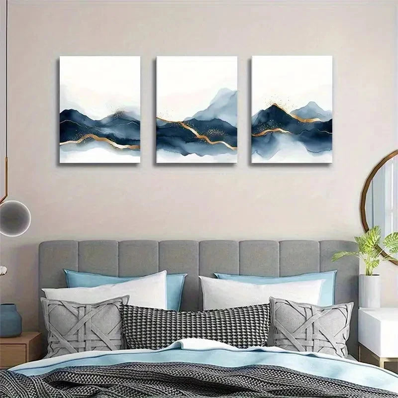 3pcs Blue Watercolor Peaks & Misty Horizon Metal Print Ready to Hang Art
