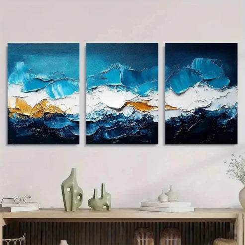 3pcs Blue and White Abstract Textured Wall Art Canvas Unframed - High Quality Print 100% Australian Made Wall Canvas