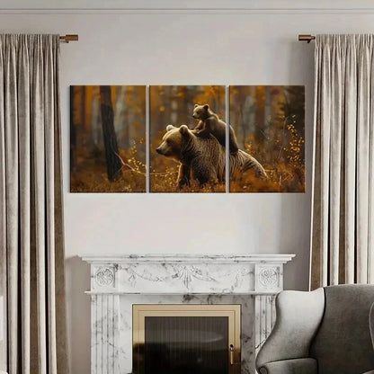 3pcs Bear And Cub Forest Autumn Nature Wall Art Set Canvas Framed 40x60cm - High Quality Print 100% Australian Made Wall Canvas Ready to Hang