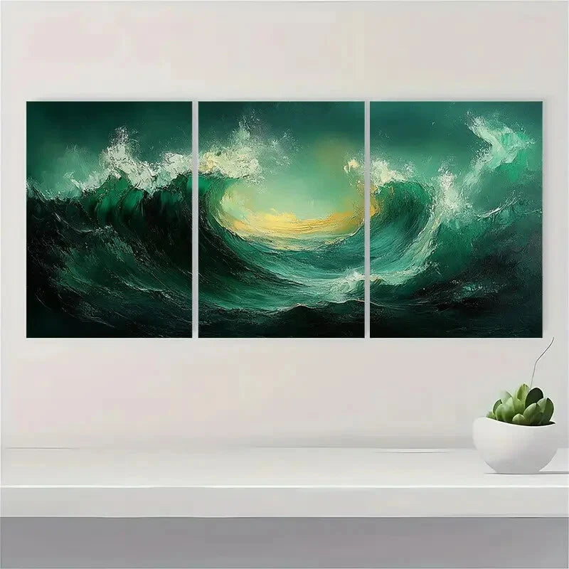 3pcs Stylish Modern Green Abstract Painting Metal Print Ready to Hang Art