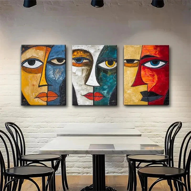 3pcs Abstract Cubism Face Décor Colorful Perfect Wall Art Set Canvas Framed 40x60cm - High Quality Print 100% Australian Made Wall Canvas Ready to Hang