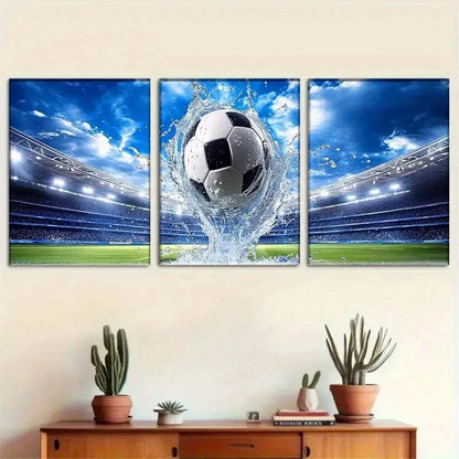 3pcs Stadium Soccer Splash Dynamic Sports Metal Print Ready to Hang Art