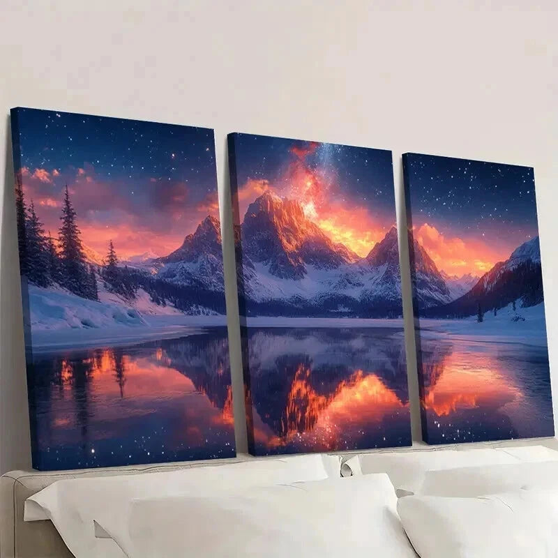 3pcs Starry Sky Above The Snow covered Mountains Wall Art Set Canvas Framed 40x60cm - High Quality Print 100% Australian Made Wall Canvas Ready to Hang