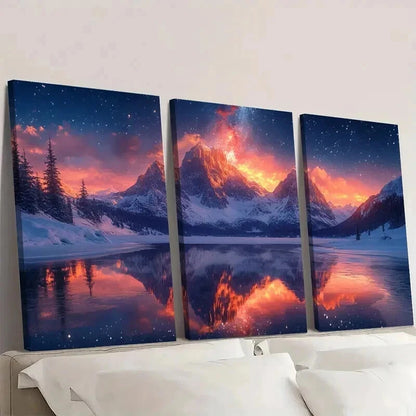3pcs Starry Sky Above The Snow covered Mountains Wall Art Set Canvas Framed 40x60cm - High Quality Print 100% Australian Made Wall Canvas Ready to Hang