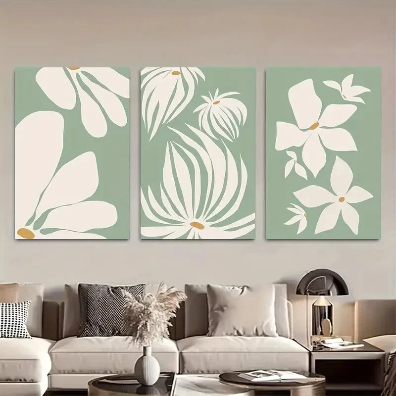 3pcs White Flowers & Leaves Green Floral Metal Print Ready to Hang Art