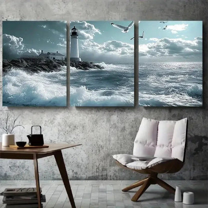 3pcs Tranquil Lighthouse & Ocean Waves Metal Print Ready to Hang Art