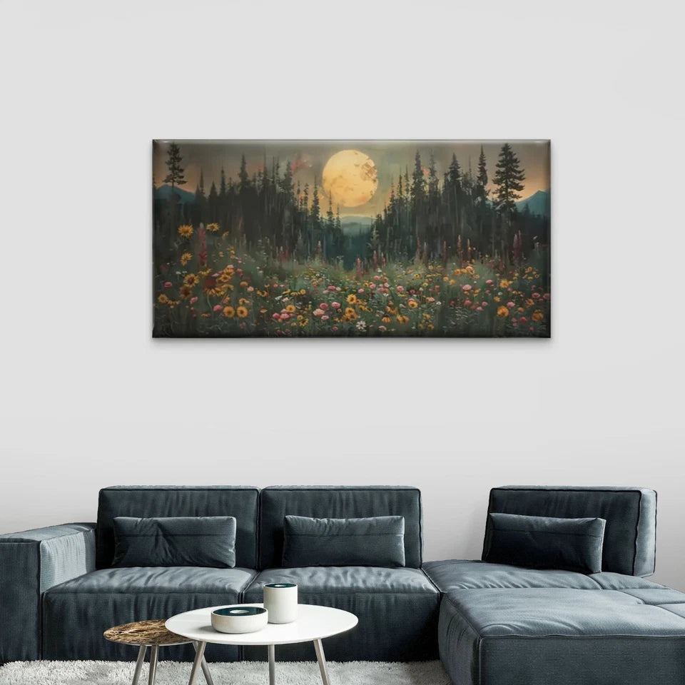 Fields Of Flowers Full Moon Wall Art Canvas Office Home Room Framed 120x60cm