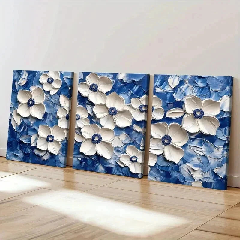 3pcs White Flowers on Blue Abstract Oil Painting Wall Art Set Canvas Framed 40x60cm - High Quality Print 100% Australian Made Wall Canvas Ready to Hang