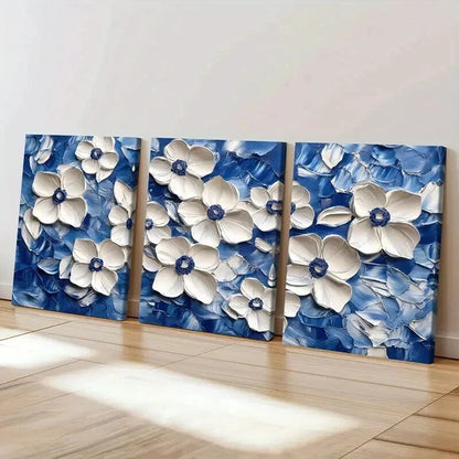 3pcs White Flowers on Blue Abstract Oil Painting Wall Art Set Canvas Framed 40x60cm - High Quality Print 100% Australian Made Wall Canvas Ready to Hang