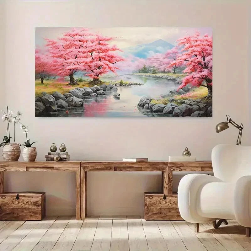 River Elegant  Pink Treeswall canvas office home room framed 120x60cm - Bella Home Decor