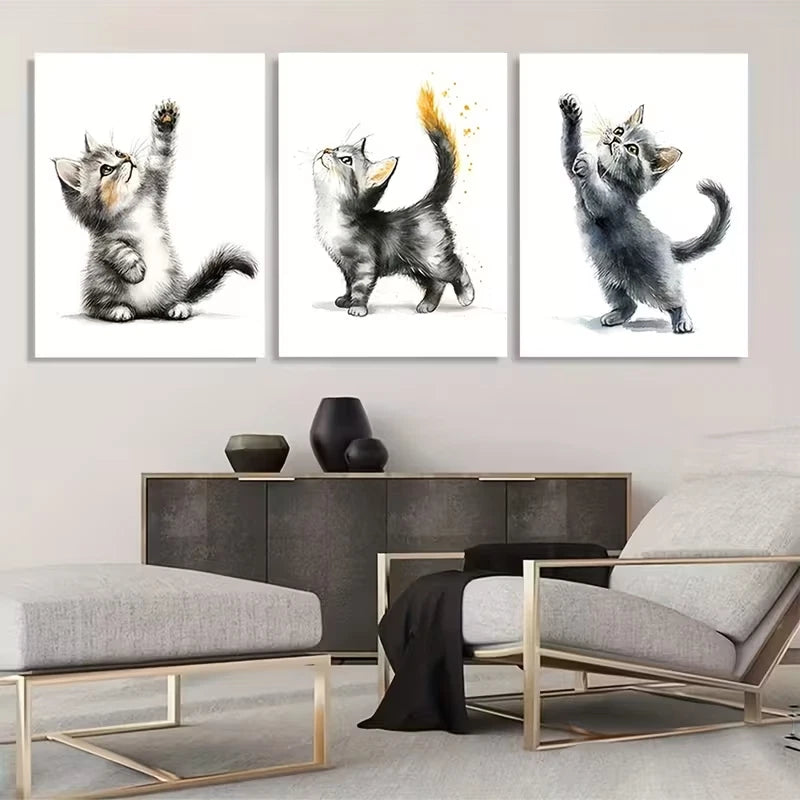 3pcs Playful Little Kittens Reaching The Sky  Wall Art Set Canvas Framed 60x90cm - High Quality Print 100% Australian Made Wall Canvas Ready to Hang