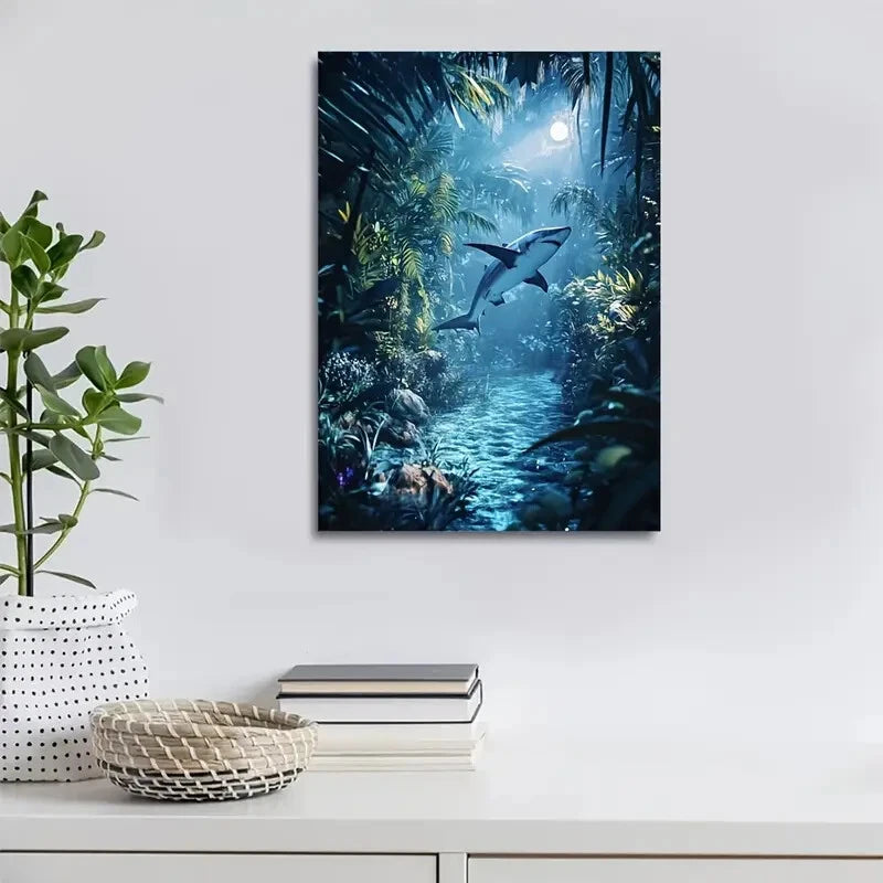 Serene Deep Jungle Scene with Shark Running Painting 40x60cm Metal Print Ready to Hang