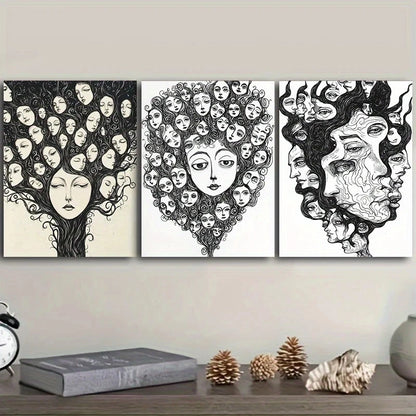 3pcs Lines Make Up The Face Black & White Metal Print Ready to Hang Art