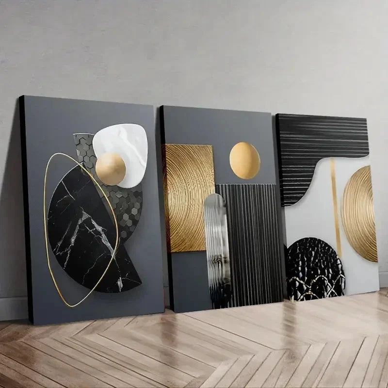 3pcs Modern Abstract Geometric Black & Golden Wall Art Set Canvas Framed 60x90cm - High Quality Print 100% Australian Made Wall Canvas Ready to Hang