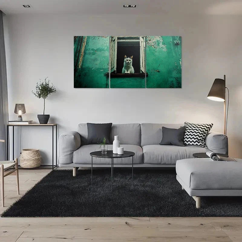 3pcs Vintage Green Cat in Window Metal Print Ready to Hang Art