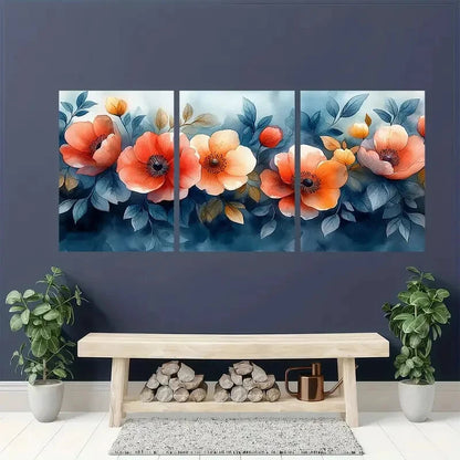 3pcs Vibrant Orange & Blue Flower Metal Print Ready to Hang Art
