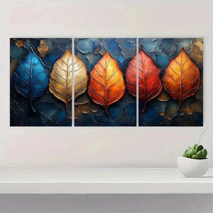 3pcs Elegant Modern Abstract Leaf Textured Metal Print Ready to Hang Art