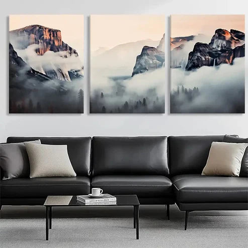 3pcs Foggy Scenic View Golden Mountain Wall Art Canvas Unframed - High Quality Print 100% Australian Made Wall Canvas