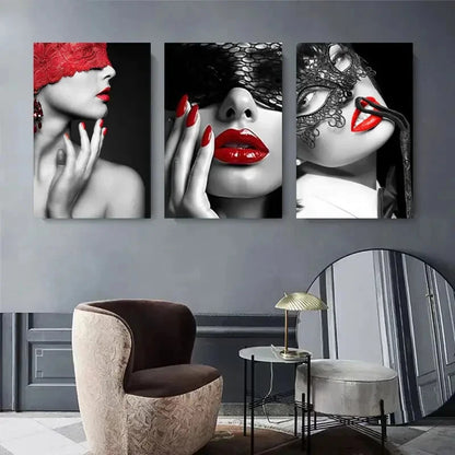3pcs Red Lips with Lace Mask Abstract Perfect Wall Art Set Canvas Framed 40x60cm - High Quality Print 100% Australian Made Wall Canvas Ready to Hang
