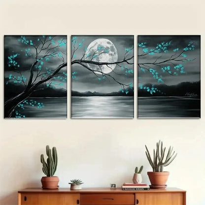 3pcs Gray and Teal Floral Landscape & Full Moon Wall Art Set Canvas Framed 40x60cm - High Quality Print 100% Australian Made Wall Canvas Ready to Hang