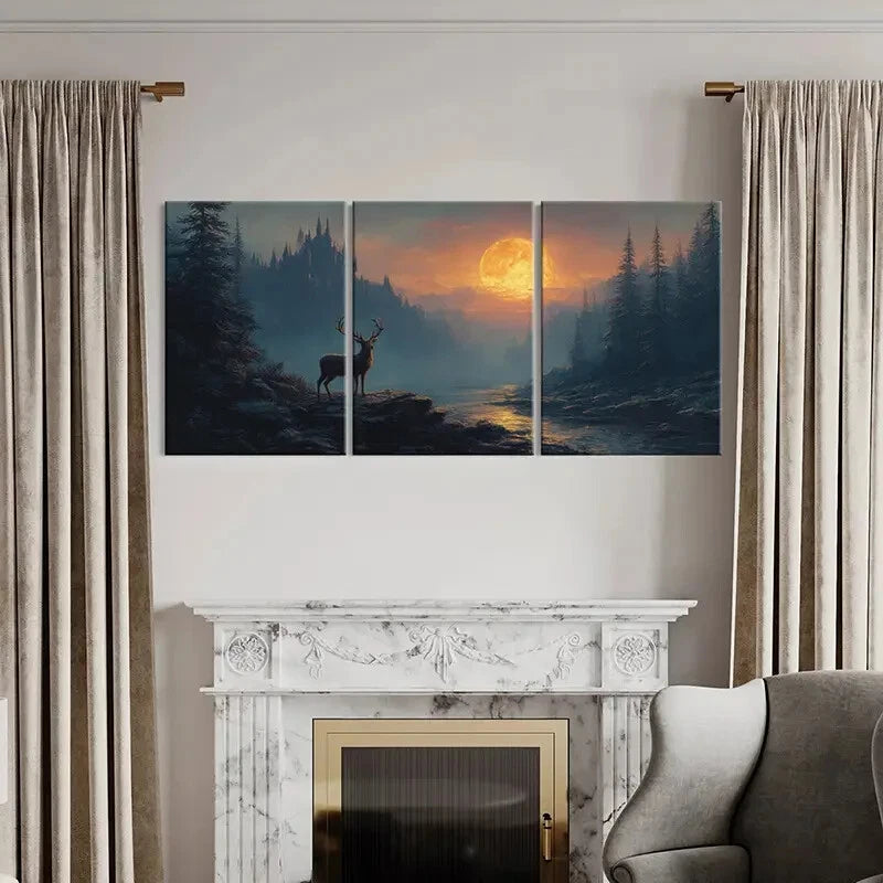 3pcs Full Moon Glow Castle Silhouette Mountain Metal Print Ready to Hang Art