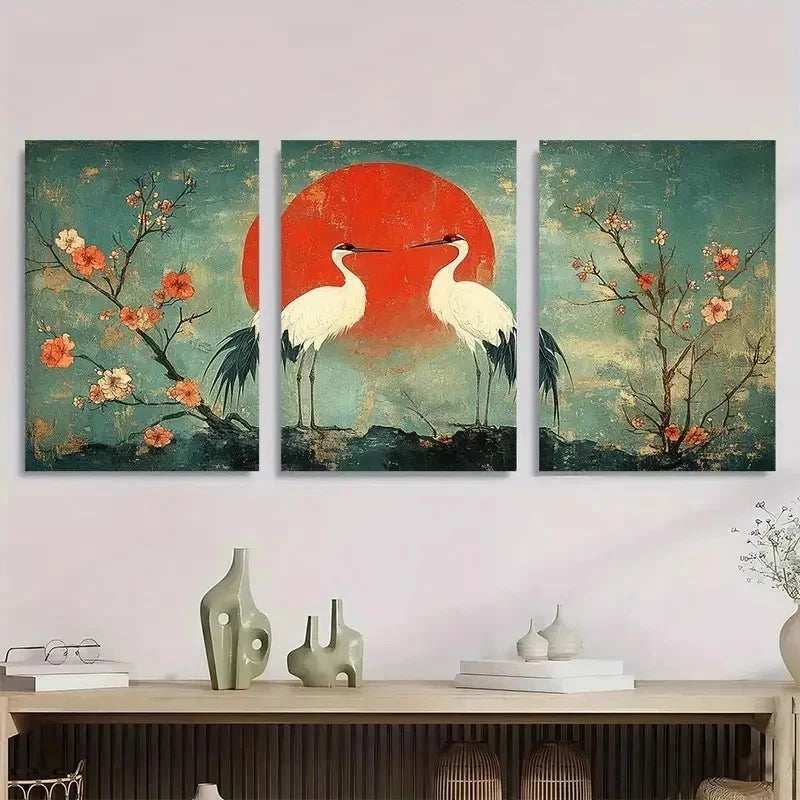 3pcs Two Cranes Utagawa Hiroshige Perfect Wall Art Set Canvas Framed 40x60cm - High Quality Print 100% Australian Made Wall Canvas Ready to Hang