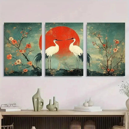 3pcs Two Cranes Utagawa Hiroshige Perfect Wall Art Set Canvas Framed 40x60cm - High Quality Print 100% Australian Made Wall Canvas Ready to Hang