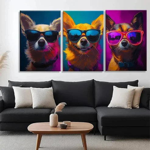 3pcs Cool Chihuahuas in Glasses Vibrant Perfect Wall Art Canvas Unframed - High Quality Print 100% Australian Made Wall Canvas