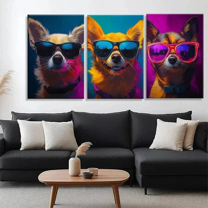 3pcs Cool Chihuahuas in Glasses Vibrant Perfect Wall Art Canvas Unframed - High Quality Print 100% Australian Made Wall Canvas